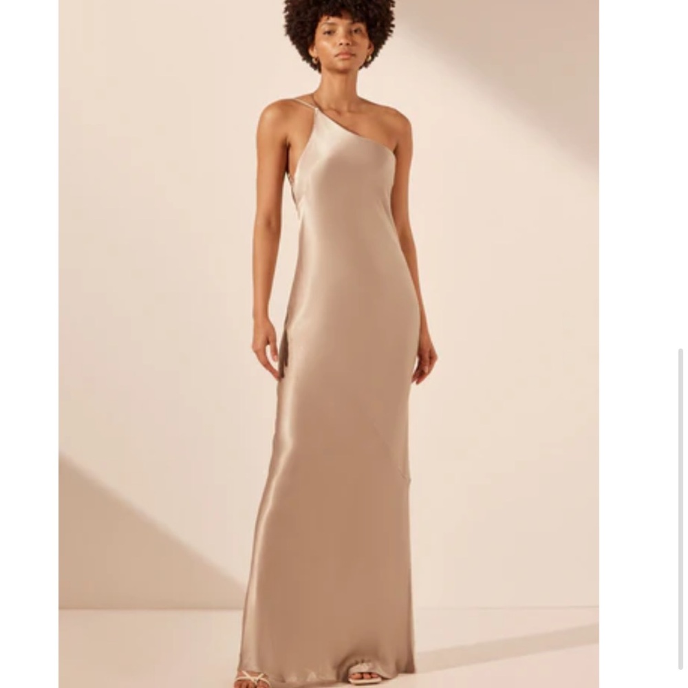 Shona Joy Tan One-Shoulder Gown for Wedding Guest